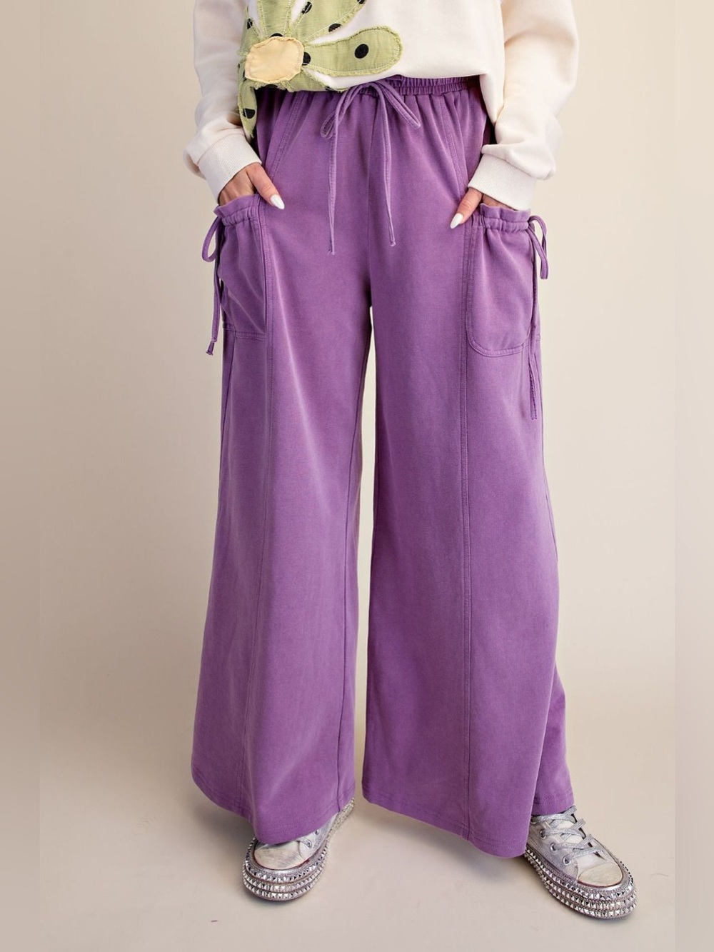 Easel PLUS Taro 100% Cotton Mineral Washed Terry Pants With Large Cargo Pockets
